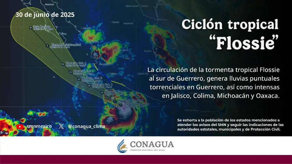 El ciclón tropical Flossie se fortaleció a huracán categoría 1 durante las primeras horas de este lunes 1 de julio. / CONAGUA