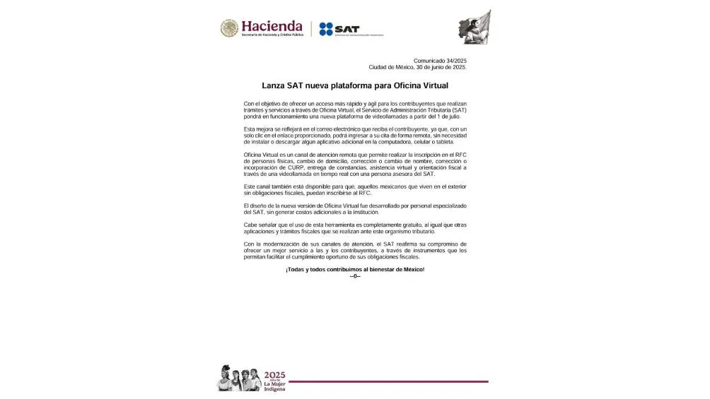 A partir del 1 de julio de 2025, el Servicio de Administración Tributaria (SAT) pone en marcha una nueva plataforma de videollamadas. / SAT