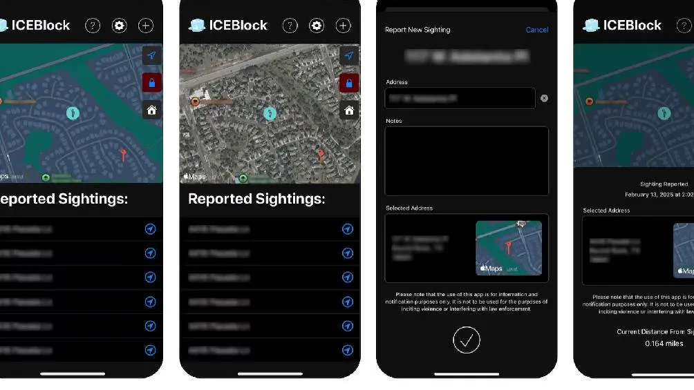 Inspirada en el modelo de aplicaciones como Waze, ICEBlock permite que los usuarios registren un avistamiento de agentes migratorios./ Captura de pantalla