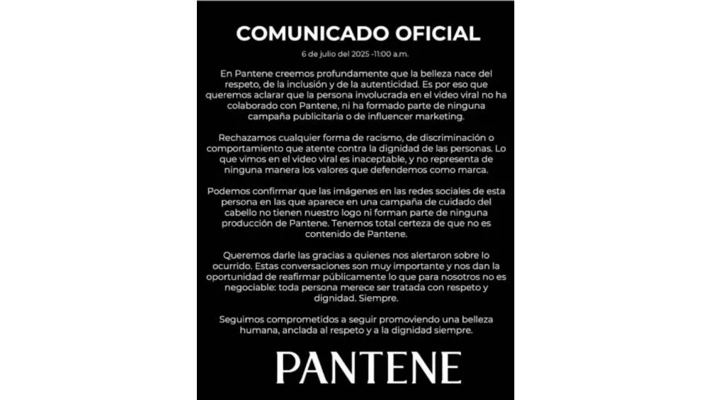 Pantene emitió un comunicado oficial ante la polémica de 'Lady Racista' / RS