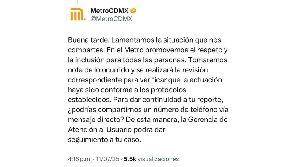 Metro emitió un mensaje en la red social X / Captura de pantalla