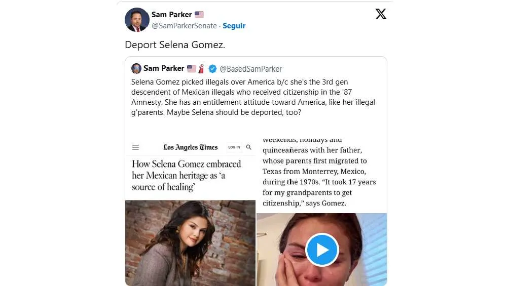 Sam Parkers sugirió la deportación de Selena Gómez/X