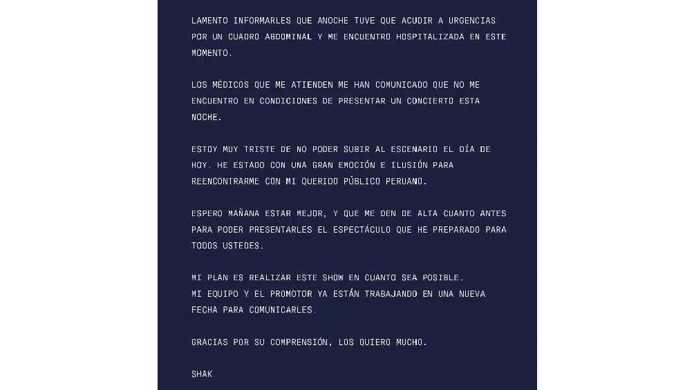 Este fue el comunicado que publicó Shakira/IG: @shakira