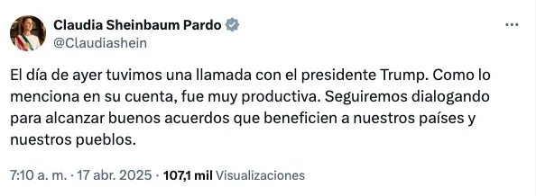 Claudia Sheinbaum no dio más detalles sobre su llamada / X: @Claudiashein