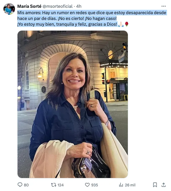 María Sorté salió a desmentir la noticia de su desaparición / Redes Sociales