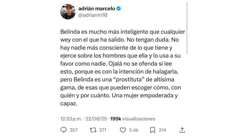 Este fue el mensaje que publicó Adrián Marcelo y luego borró/X: @adrianm10