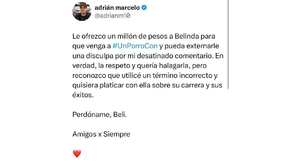 El influencer luego le ofreció un millón de pesos a la cantante para disculparse/X: @adrianm10