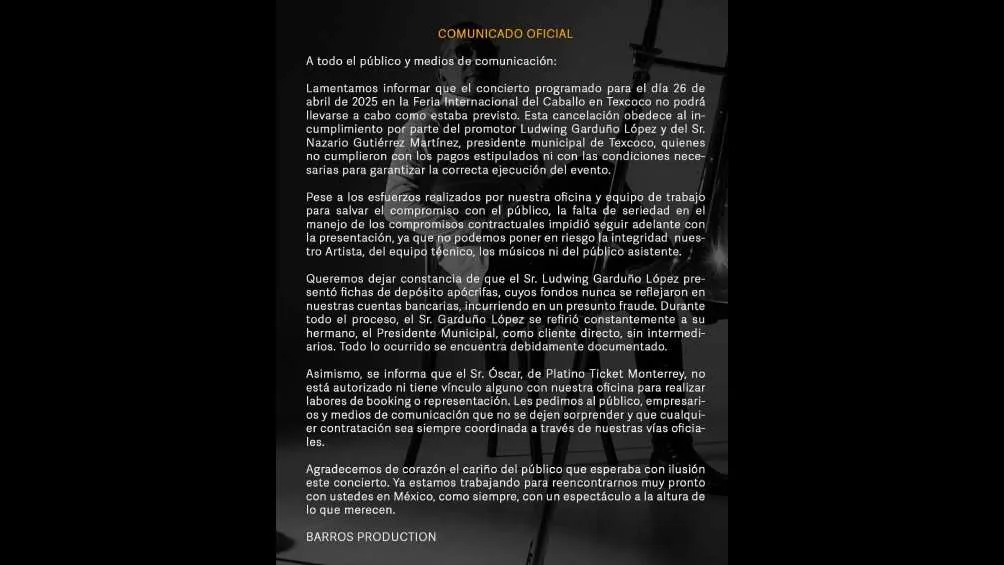 Este fue el comunicado que publicó el equipo del cantante/X