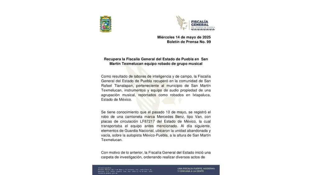 Mediante un comunicado la Fiscalía de Puebla dio detalles del operativo/X