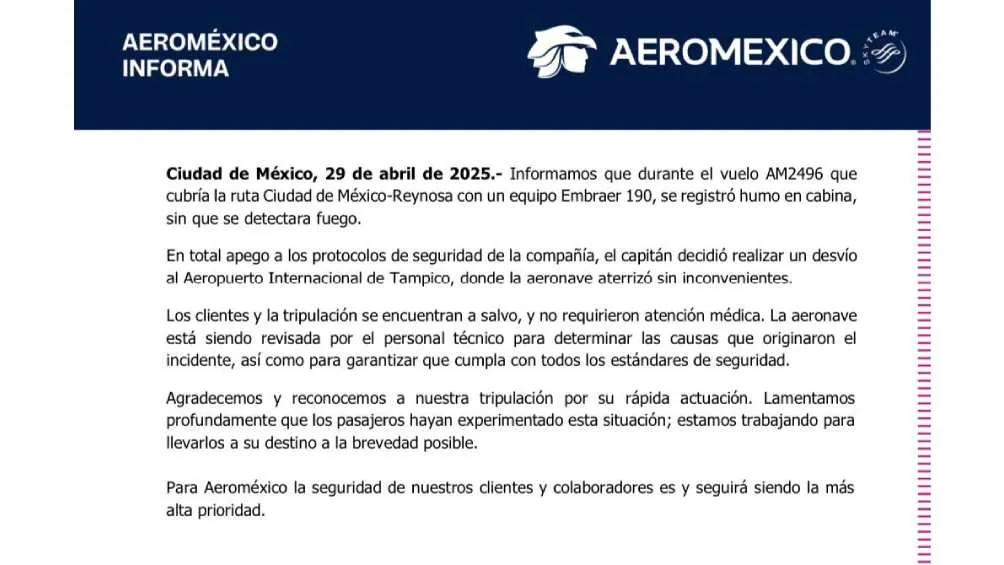 Aeroméxico emitió un comunicado para informar sobre lo sucedido/X