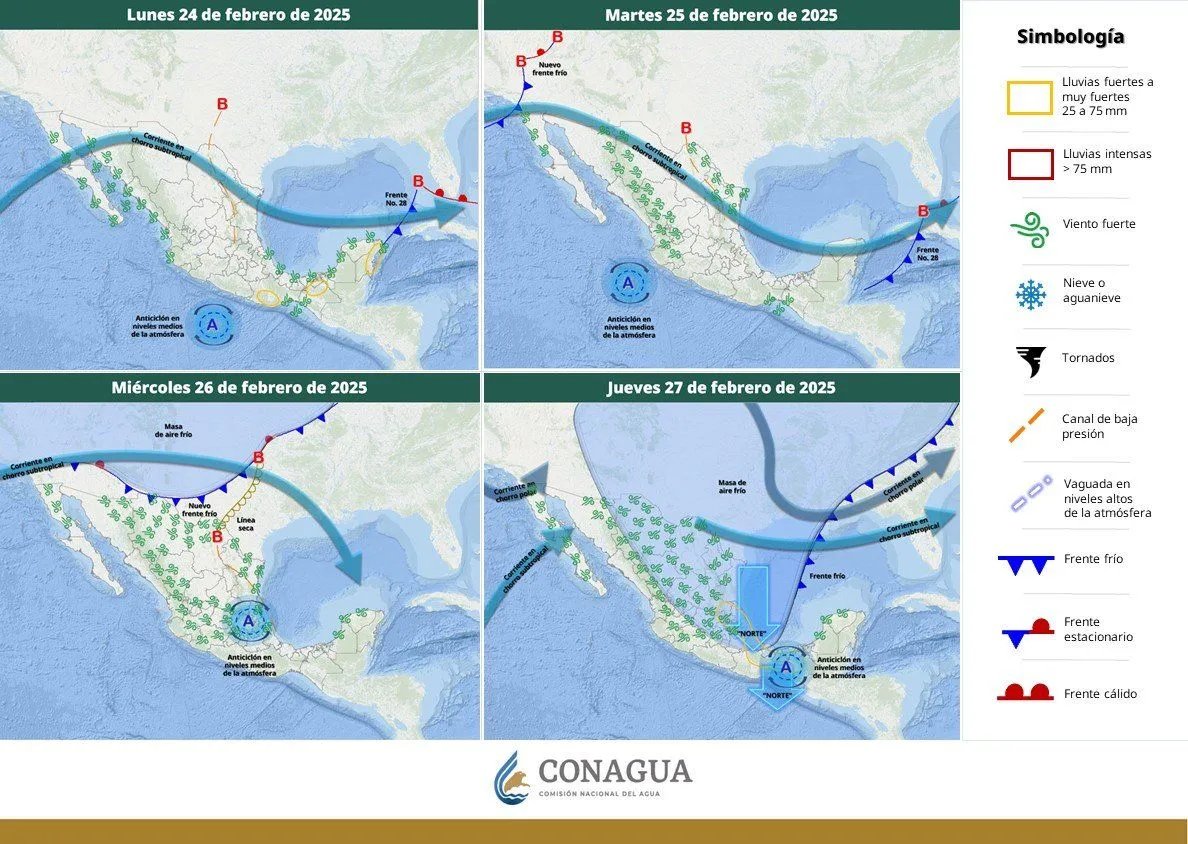 Este frente, que se encuentra estacionario, se extenderá desde el norte del Golfo de México hasta el sureste. / CONAGUA
