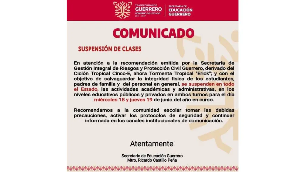 Suspeción oficial de clases por tormenta tropical Erick. / X@EducGuerrero