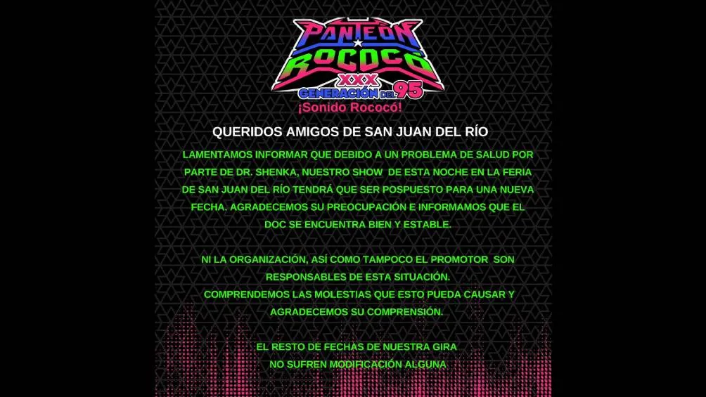 Este fue el comunicado que publicó Panteón Rococó para anunciar la cancelación de su concierto/IG: @rococopix