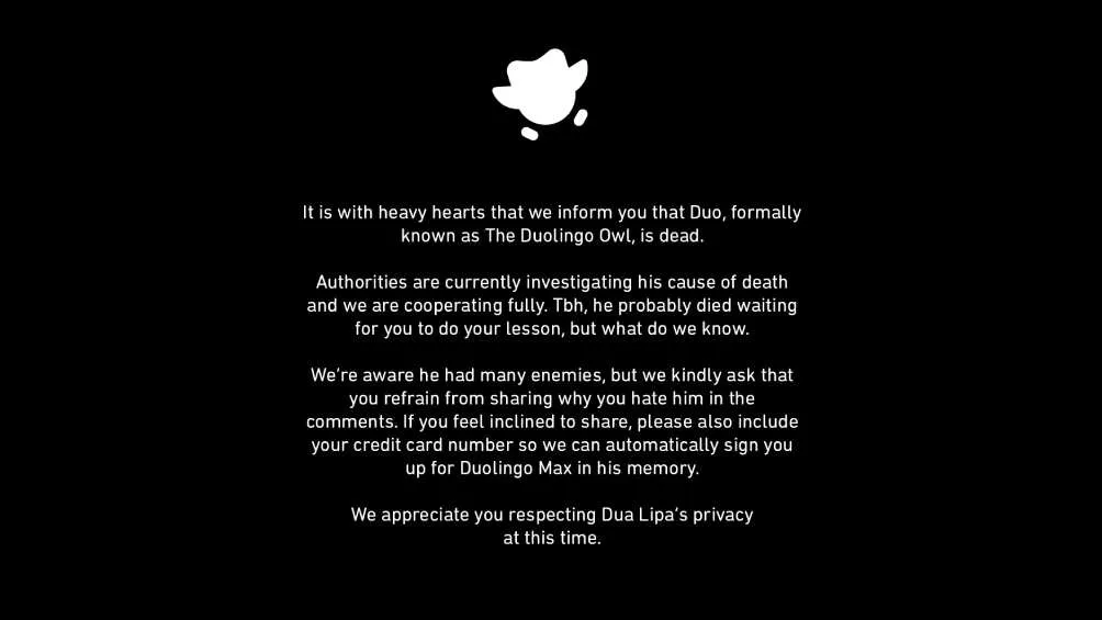 Duolingo anunció la muerte de su famoso búho/X