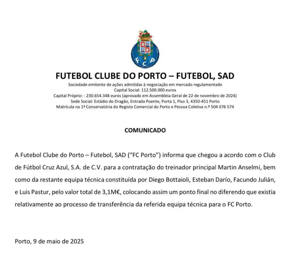 Comunicado oficial | Porto