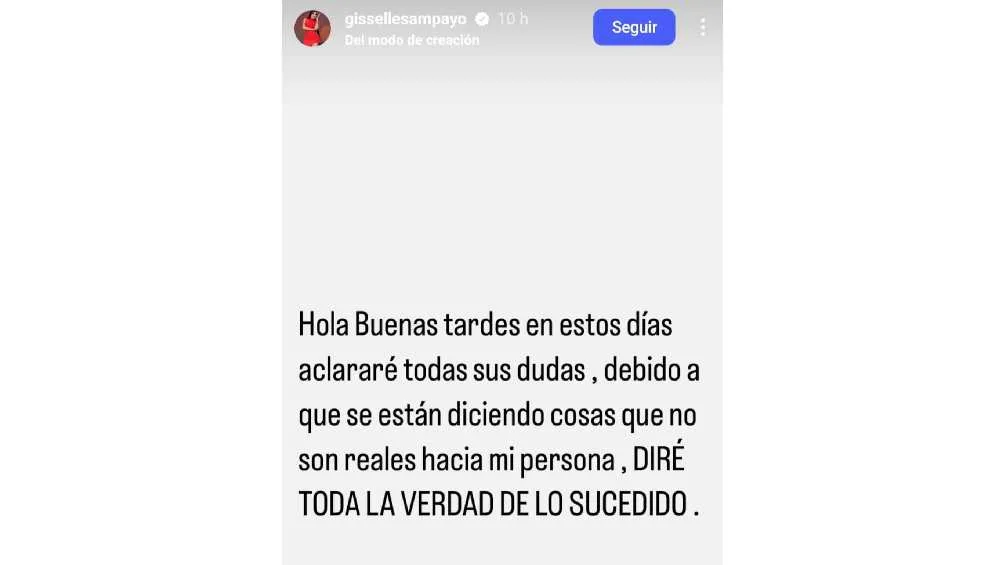 Mediante una historia en Insta la modelo adelantó que contará su verdad/IG: @gissellesampayo