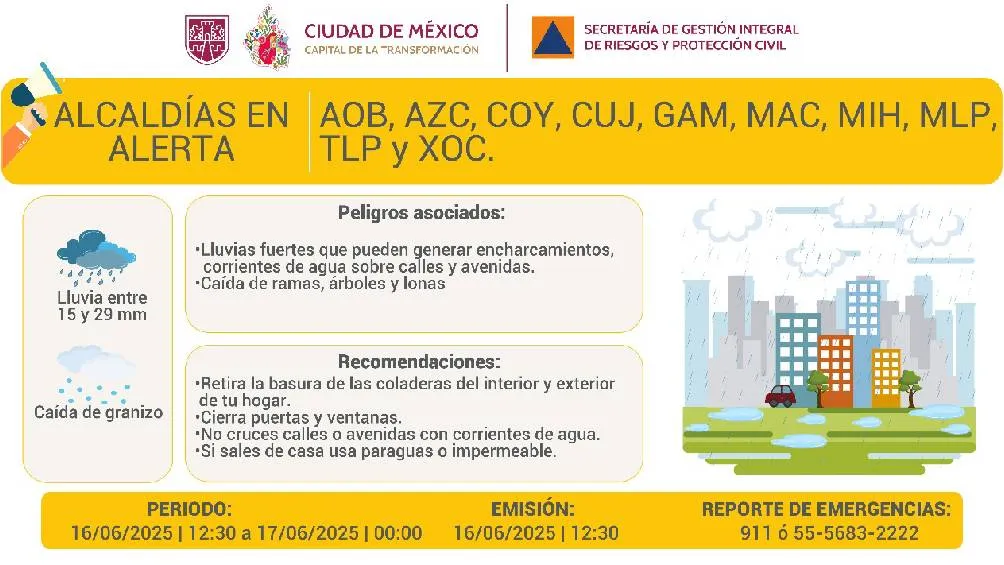 Para esta tarde ya se activó la alerta amarilla por lluvias en 10 alcaldías/SGIRP