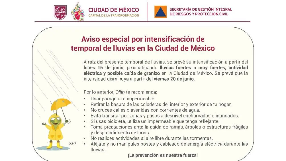 Se espera un temporal de lluvias en CDMX entre el 16 y 20 de junio/SGIRP