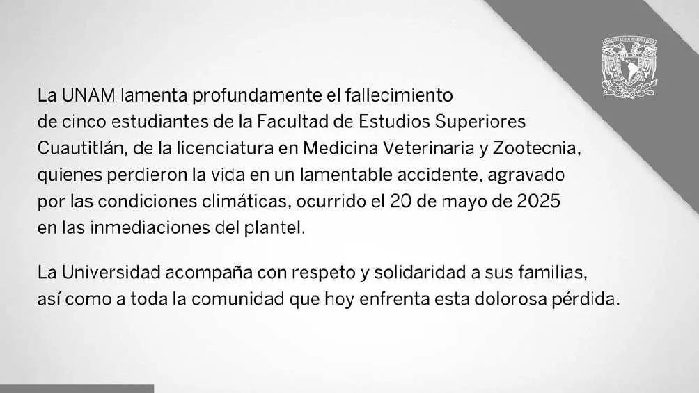 La UNAM emitió un comunicado para expresar sus condolencias/UNAM