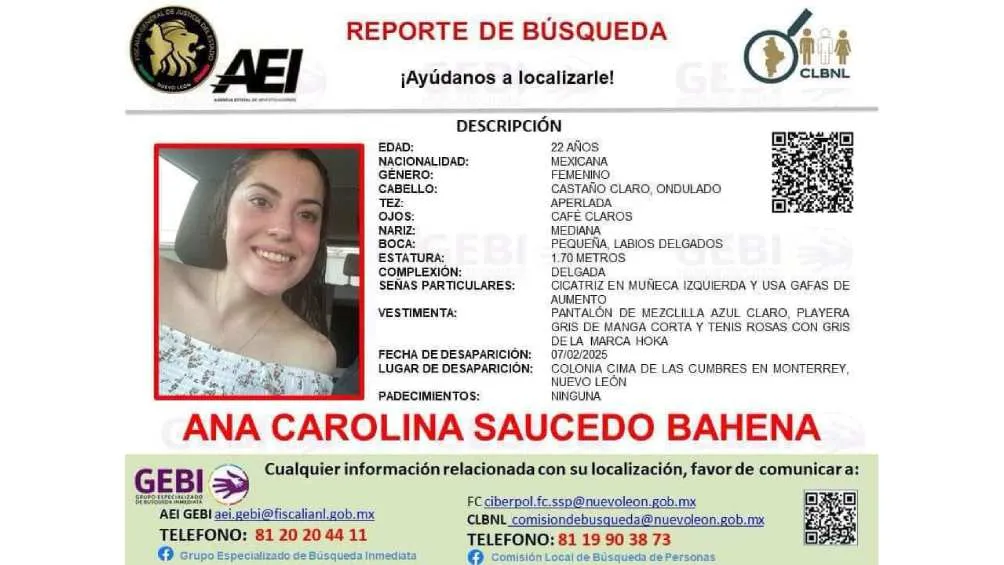 Ana Carolina fue reportada como desaparecida el pasado 7 de febrero/X