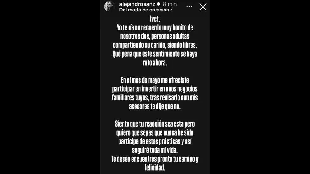 Este fue el mensaje que compartió el cantante en redes sociales/IG: @alejandrosanz