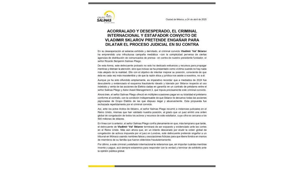 Públicamente Grupo Salinas ya se ha manifestado sobre esta situación/X