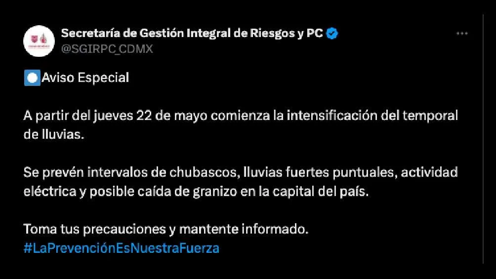 Desde este 22 de mayo las lluvias se intensificarán en la CDMX/X