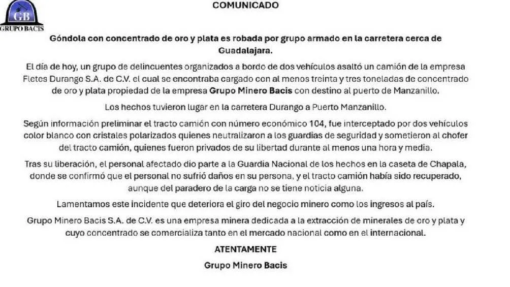 Este fue el comunicado del Grupo Minero Bacis/X