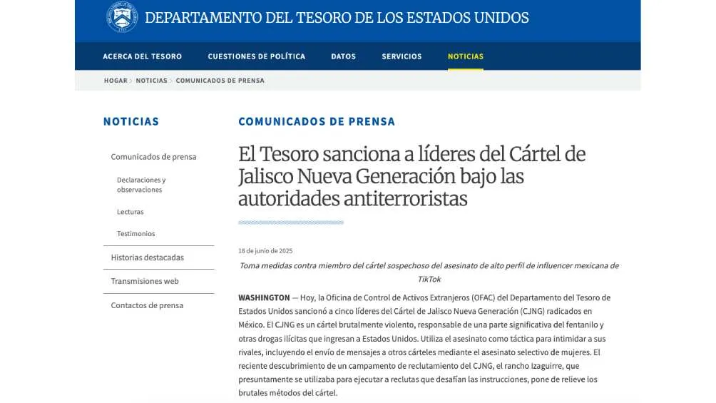 Autoridades de EE.UU. emitieron un comunicado para revelar sus sanciones/X