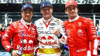 Sergio Pérez, Max Verstappen y Charles Leclerc en el podio de Las Vegas