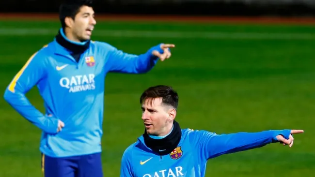 Messi y Suárez, en un entrenamiento del Barcelona