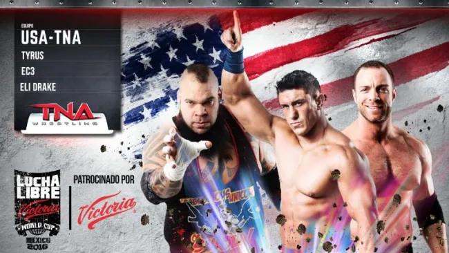 Ethan Carter III, Eli Drake y Tyrus en el carter de Victoria World Cup