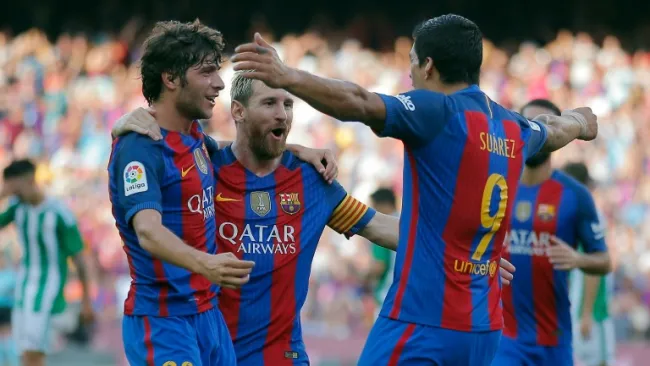 Los jugadores culés, celebrando uno de los 6 goles contra Betis