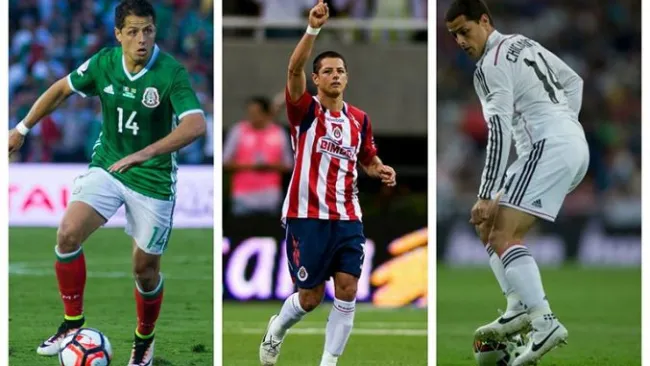 Javier Hernández con las playeras del Tri, Chivas y Real Madrid 