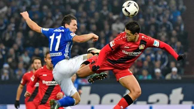 Chicharito 'batalla' por el balón en el duelo contra Schalke 04