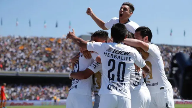 Jugadores de Pumas festejan gol de González