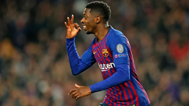 Dembelé celebra una anotación con el Barcelona 
