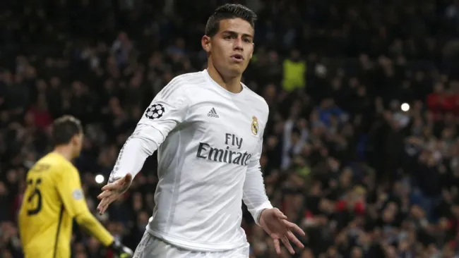 James Rodríguez celebra una anotación con el Real Madrid 
