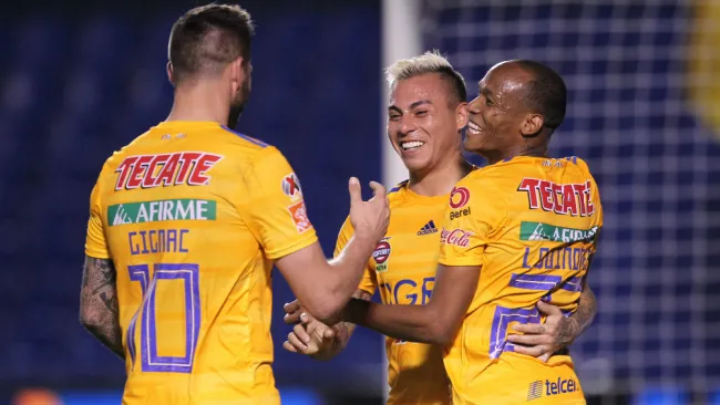 Tigres en celebración de gol