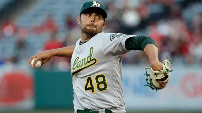 Soria realiza un lanzamiento con los Athletics