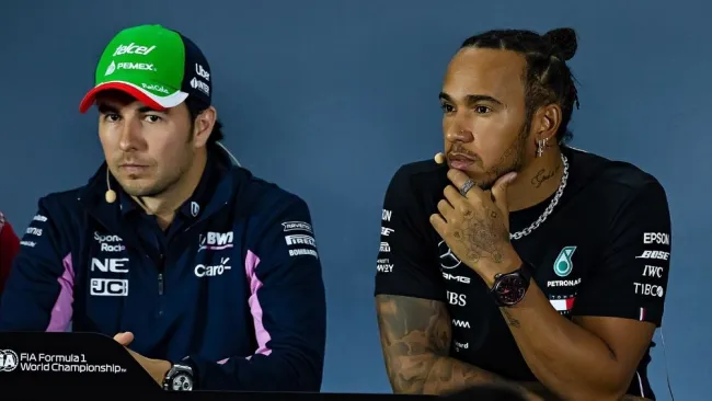 Checo Pérez y Hamilton durante el GP de México 2019