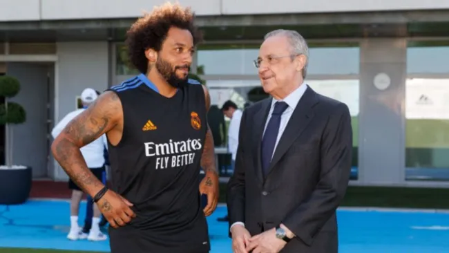 Marcelo Vieira y Florentino Pérez durante entrenamiento del Real Madrid
