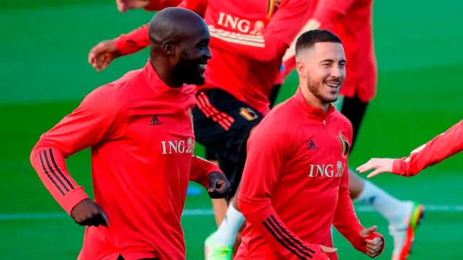 Hazard y Lukaku durante un entrenamiento con Bélgica