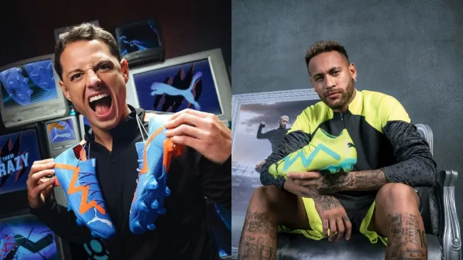 'Chicharito' y Neymar mostrando los nuevos botines de su marca