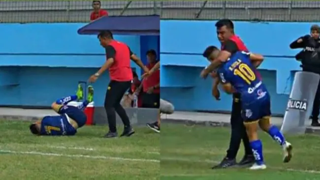 César Farías agrediendo a jugadores del Delfín