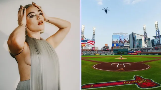 Florence Pugh, actriz en Oppenheimer, fue vista en Truist Park, estadio de Atlanta Braves