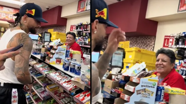 El colombiano se puso a bromear con los trabajadores de la tienda.