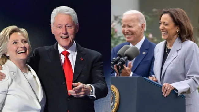 Bill y Hillary Clinton a la izquierda, Joe Biden y Kamala Harris a la derecha