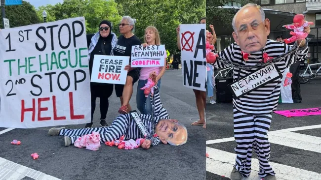 Manifestantes propalestinos esperaron la llegada del mandatario de Israel afuera del hotel