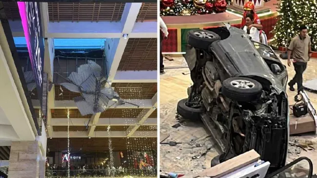 VIDEO: Vehículo cae desde el cuarto piso de un centro comercial